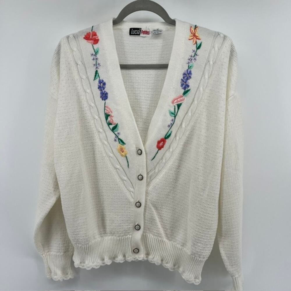 VTG 90s Floral Embroidered Cardigan Sweater Womens M Ruffle Hem Cottage Granny